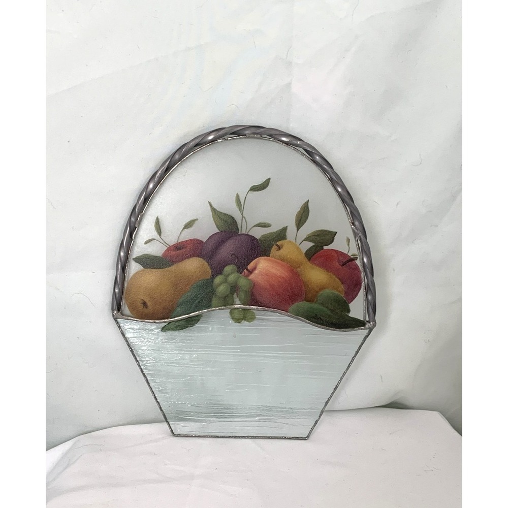 Beth Hemmila Stained Glass Suncatcher Fruit Basket Hand Painted Signed 1987 9in